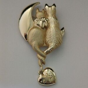 AJC "Cattails" Brooch, Pin, Gold-Tone Cat Pair with Heart Charm